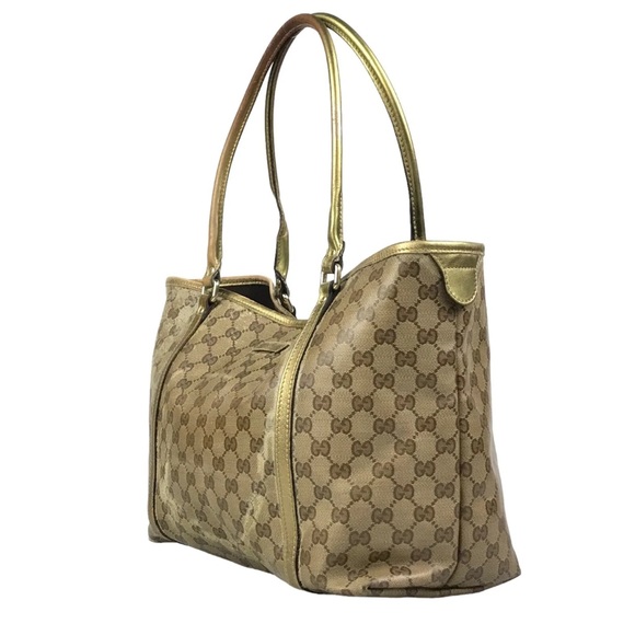 Gucci Handbags - Authentic GUCCI Large Tote Handbag Brown GG Monogram Gold Leather Trim